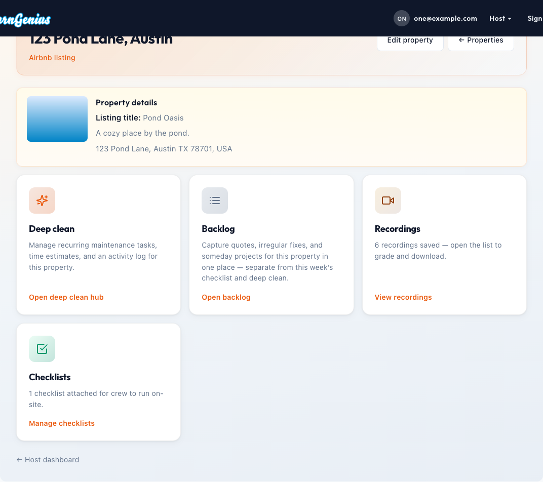 Property hub for one listing—checklists, recordings, deep clean, and backlog (sample from the test app)